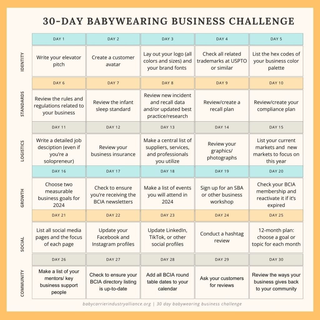 A calendar showing the daily tasks of the BCIA's 30 day challenge for babywearing businesses (text at the end of the post)