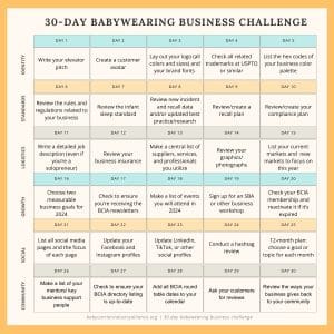 A calendar showing the daily tasks of the BCIA's 30 day challenge for babywearing businesses (text at the end of the post)