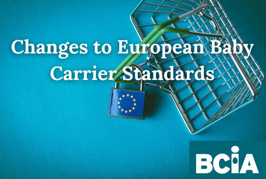 An image of a shopping basket with the European flag and the text "Changes to European Babywearing Standards"