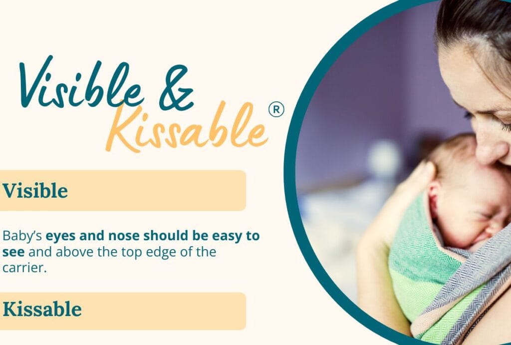 Image shows a small preview of the Visible and Kissable babywearing safety brochure. There is a woman holding a small baby close in a wrap with the words "visible and kissable" along with some descriptive text.