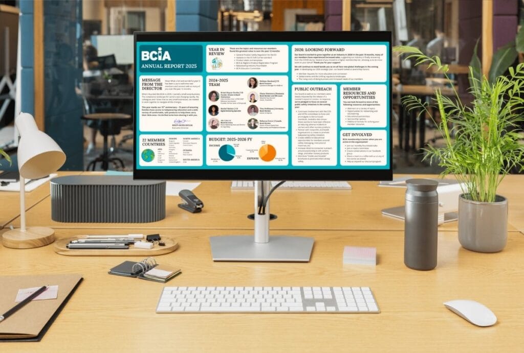 Image of the 2025 BCIA Annual report on a computer monitor against an office background.