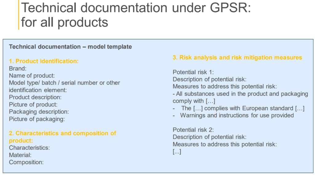 a gpsr risk analysis for baby carriers requires written documentation; this is a screenshot of the information in a template suggested by the European commission. Text is in the body of the article.