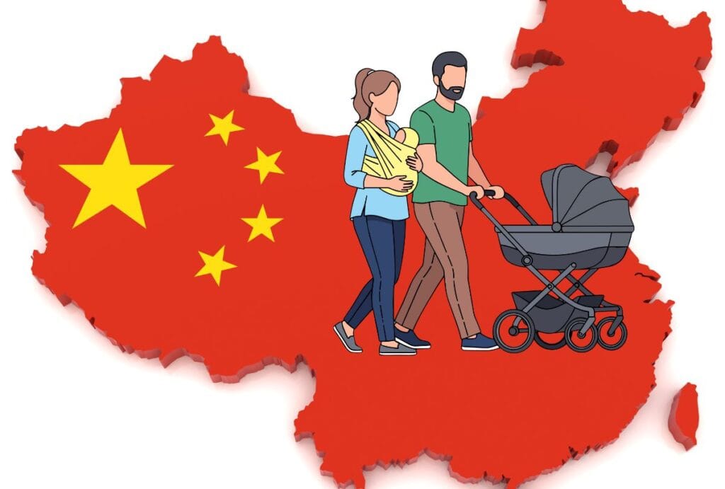 Graphic of two adults is laid atop an outline of China. One wears a baby carrier and the other pushes a stroller.