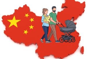 Graphic of two adults is laid atop an outline of China. One wears a baby carrier and the other pushes a stroller.