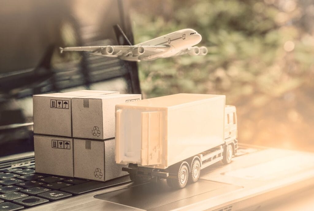 A graphic ofAn image of box trucks, shipping cartons, and a plane portray the idea of importing and efiling for baby carriers