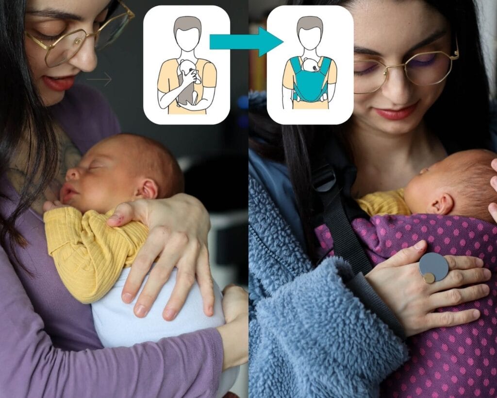 The first image shows baby being held in mother's arms, close enough that she can kiss the top of their head. In the second image, the baby is being held in the same position, but this time the baby is buckled into a soft carrier.